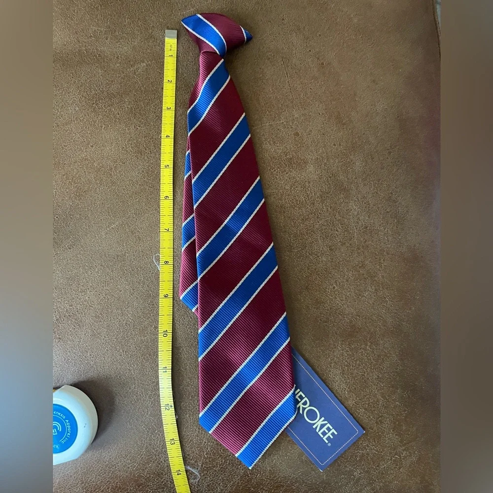 Boys clip on neck tie Burgundy + Blue Striped size 8 to 10 formal dressy church
